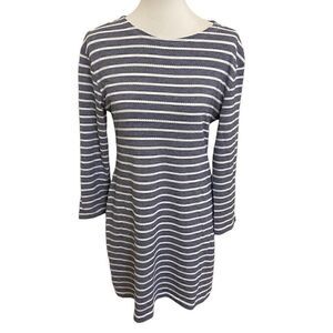 Sail to Sable Navy Blue & White Striped Shift Dress Nautical 3/4 Sleeves Medium